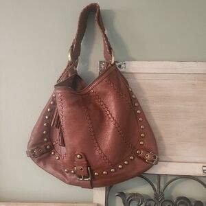 Isabella Fiore Tan Leather Hobo Bag with Gold Studs